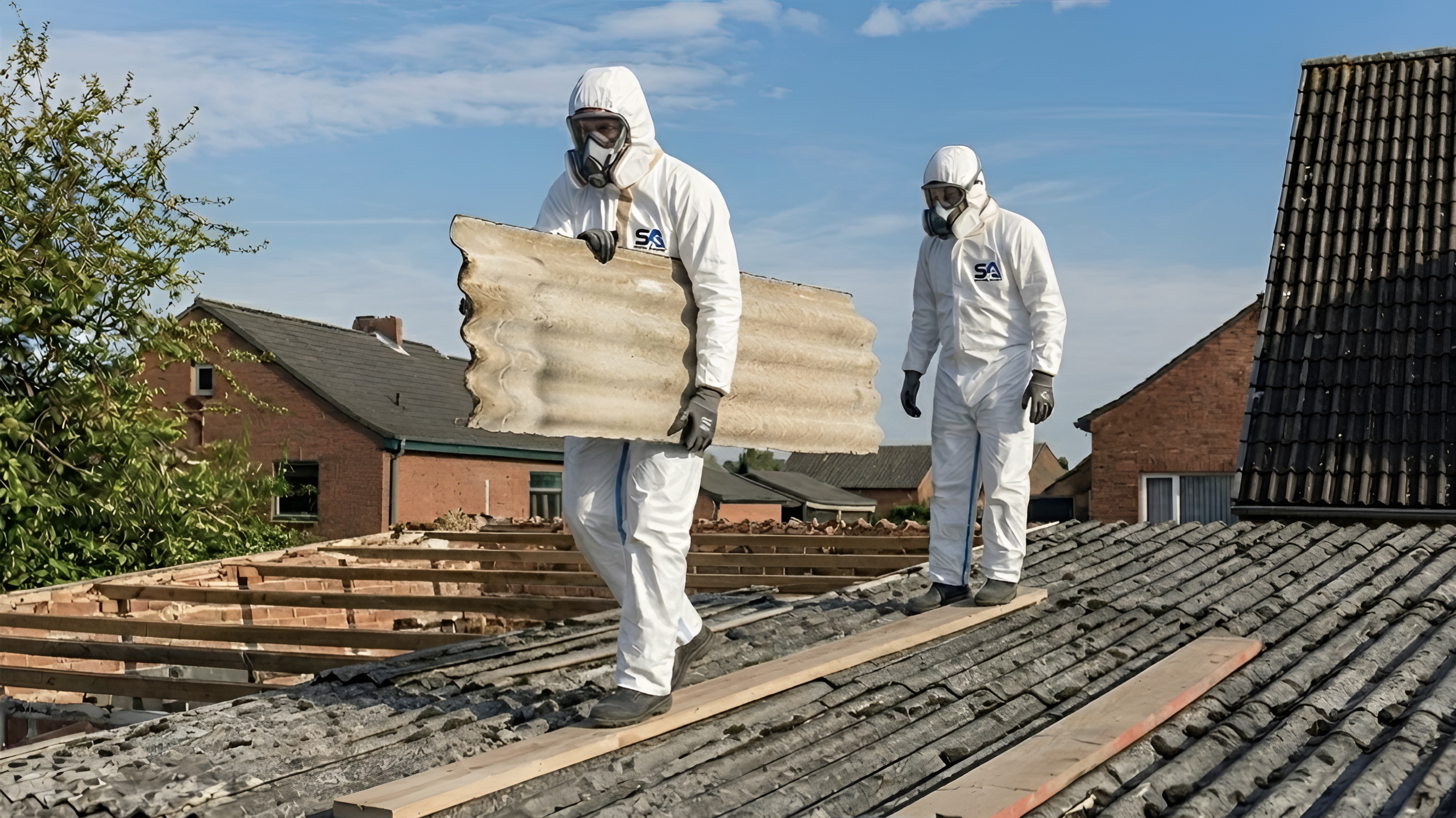 Construction workers in PPE removing asbestos from a garage roof in Surrey — Surrey Asbestos licensed removal team