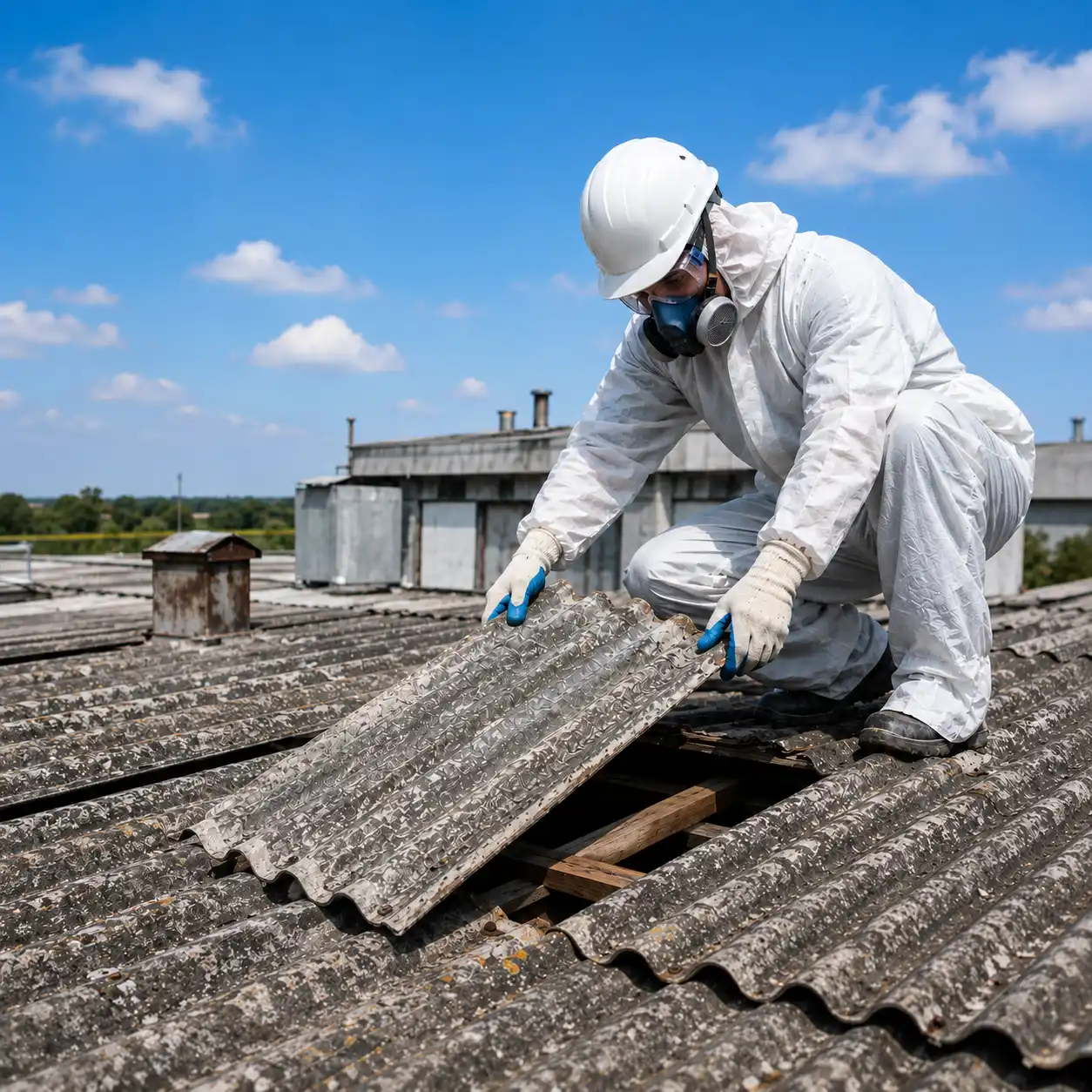 UKATA-trained operative in protective clothing lifting corrugated asbestos cement sheets during removal in Surrey.