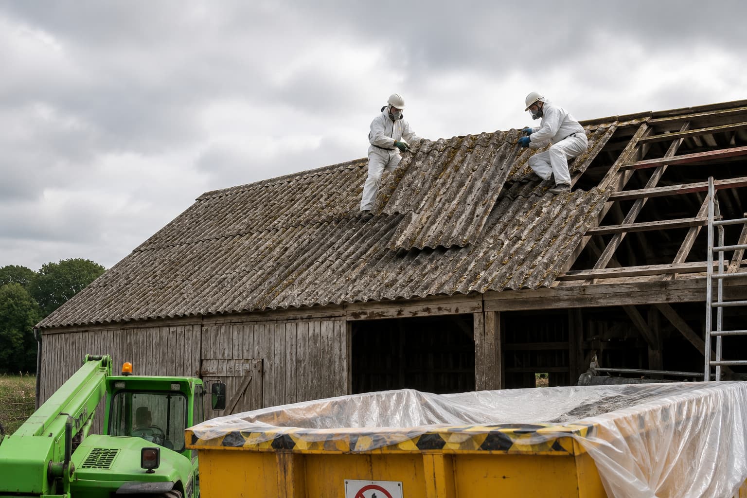 UKATA-trained operatives in full PPE removing corrugated asbestos cement sheets from an agricultural outbuilding roof in Surrey