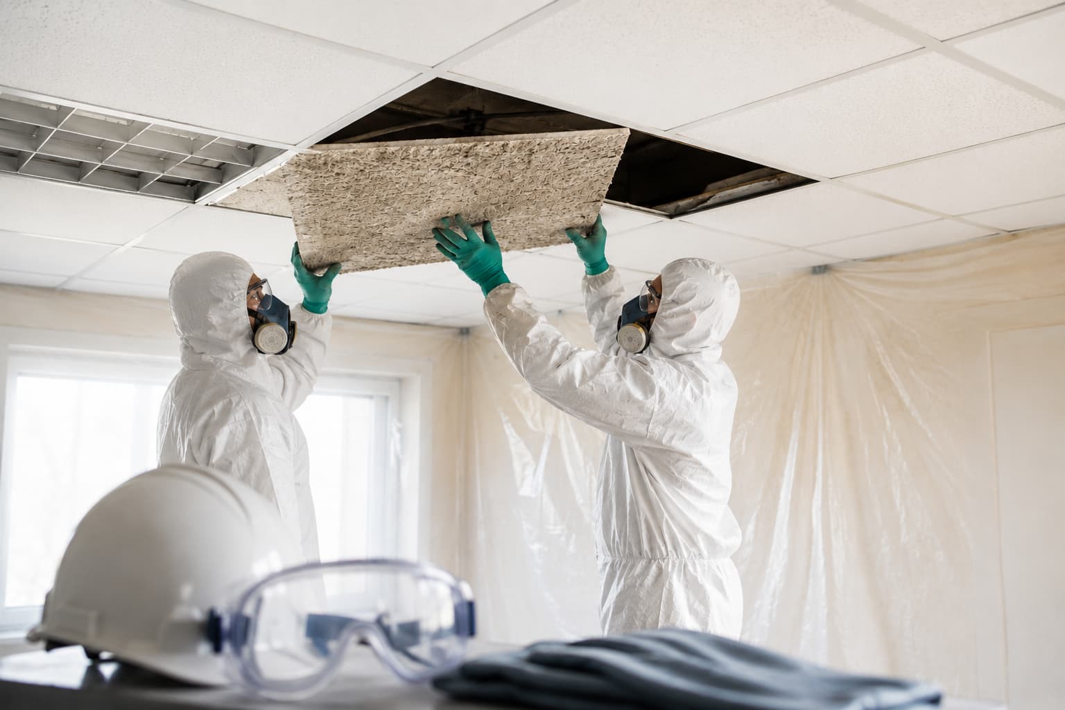UKATA-trained operatives in full PPE removing an asbestos insulation board ceiling tile
