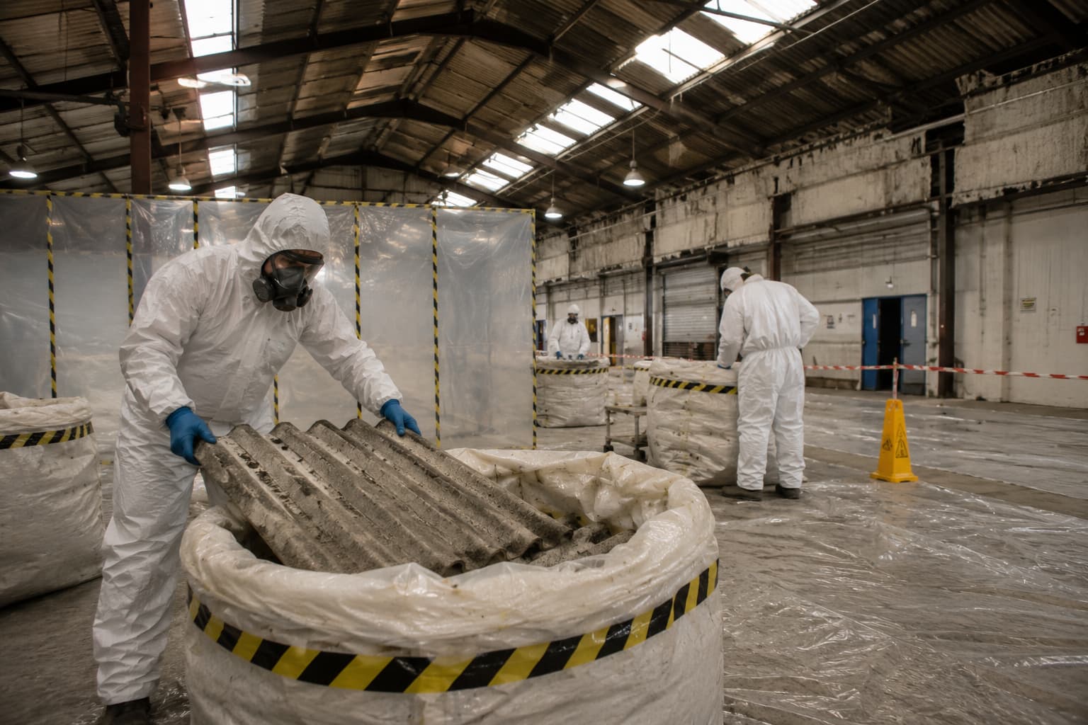 UKATA-trained operatives in full PPE bagging corrugated asbestos cement sheets for licensed disposal inside a controlled commercial site in Surrey