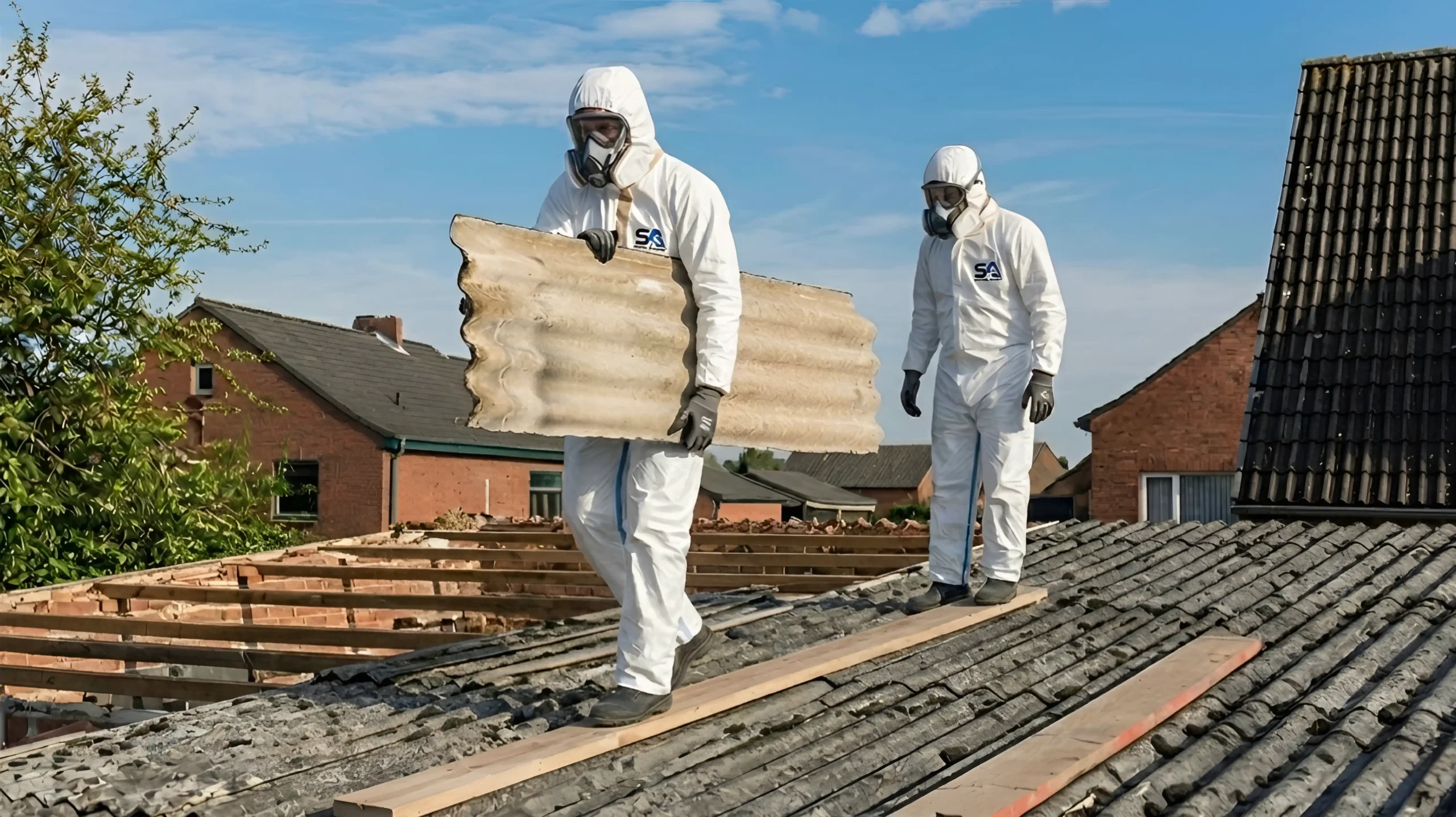 Surrey Asbestos operatives in full PPE carefully removing corrugated asbestos cement sheets whole from a residential roof in Surrey