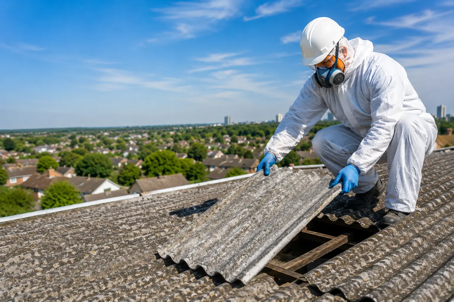 A UKATA-trained operative in full protective clothing carefully lifting corrugated asbestos cement sheets during a safe removal project in Surrey.