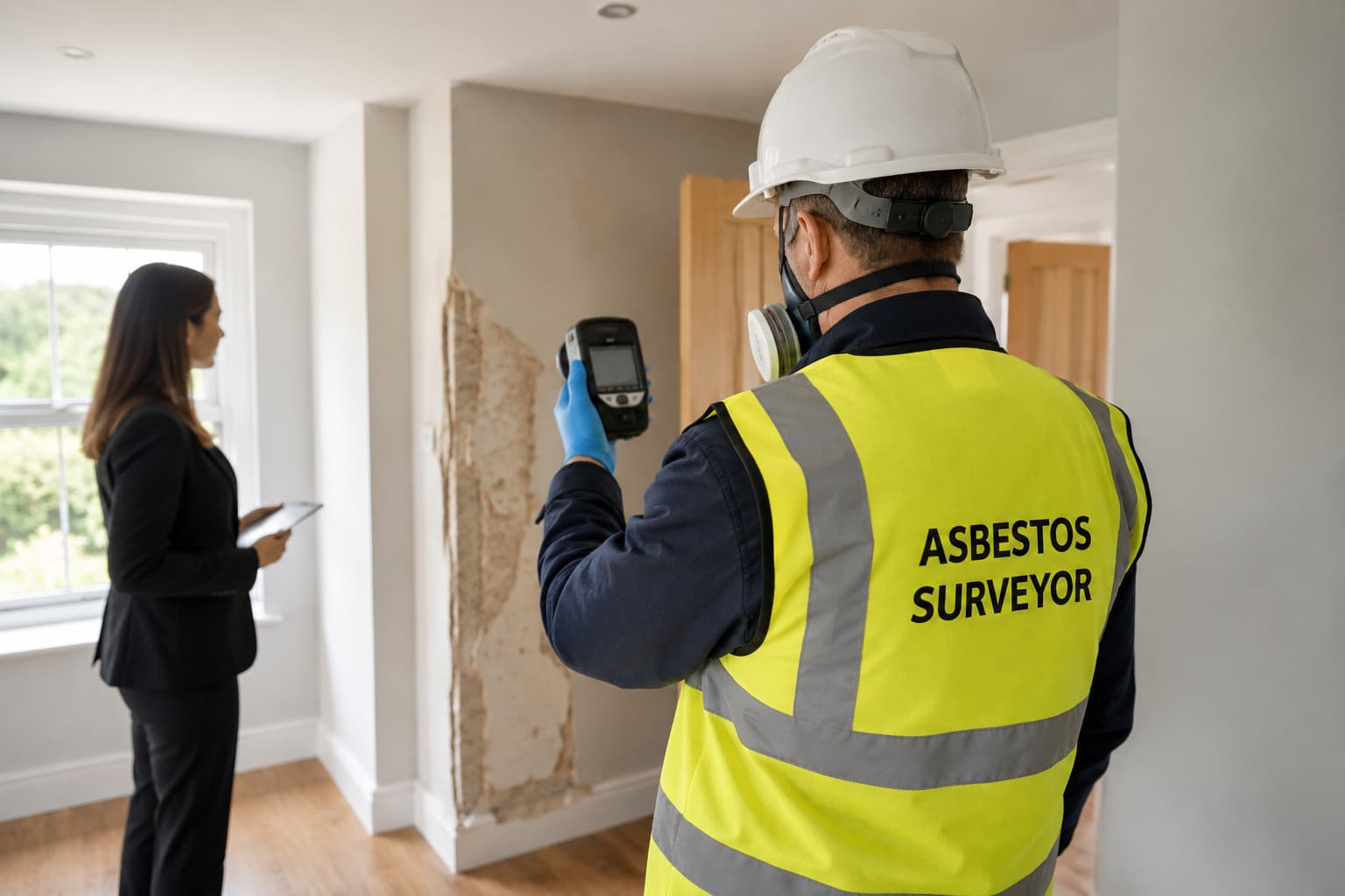 BOHS-trained asbestos surveyor inspecting a wall cavity in a Surrey residential property during a refurbishment survey