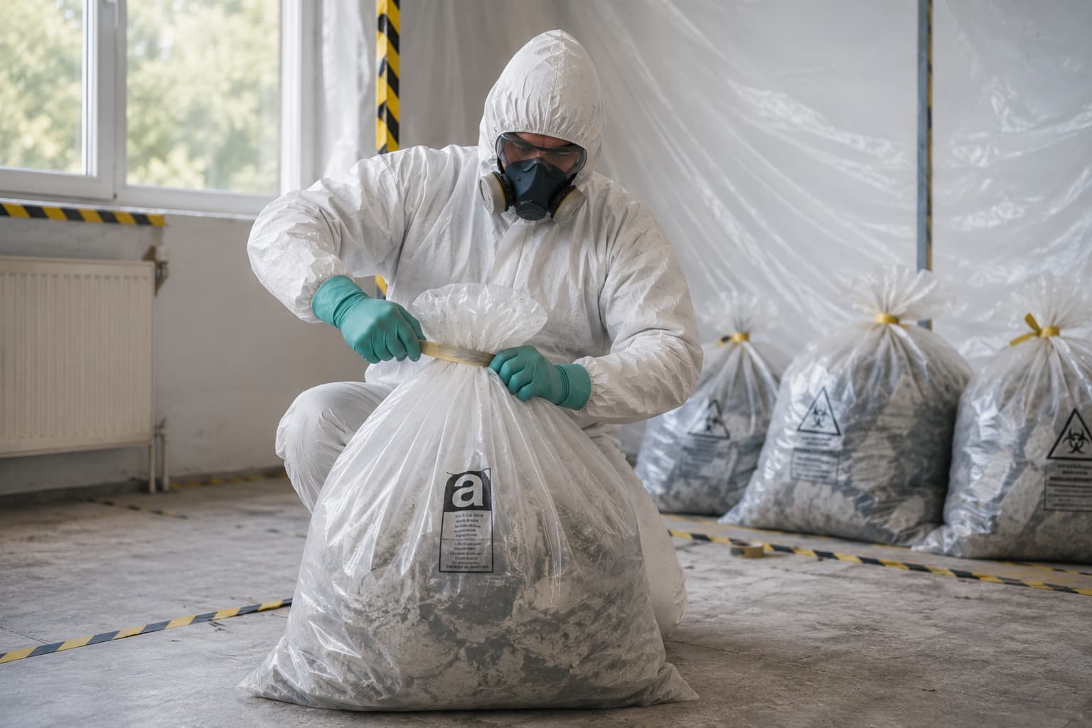 UKATA-trained operative sealing compliant asbestos waste bags for licensed disposal in Surrey