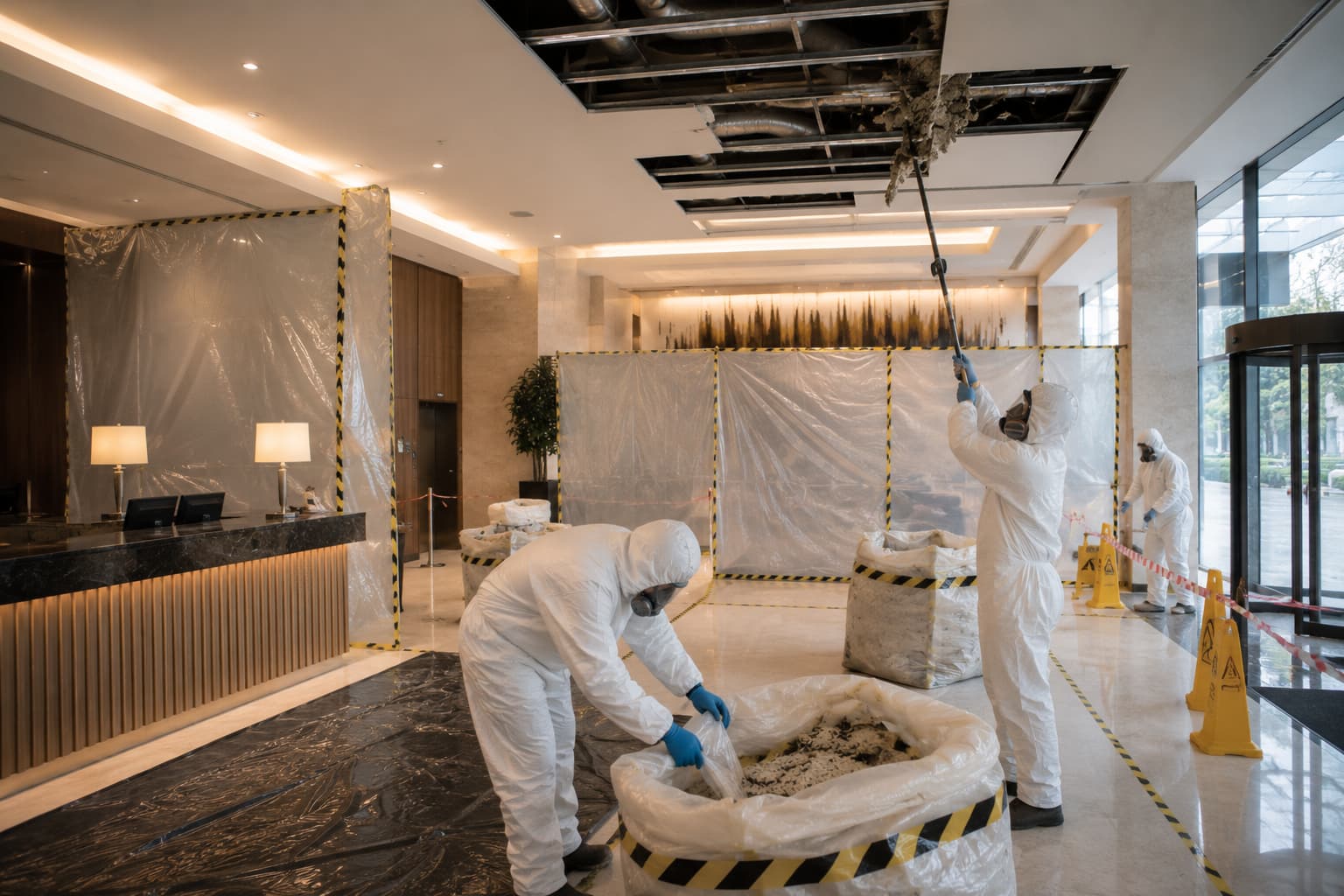 UKATA-trained operatives in full PPE carrying out asbestos removal from a suspended ceiling in a commercial property in Surrey with full containment controls in place