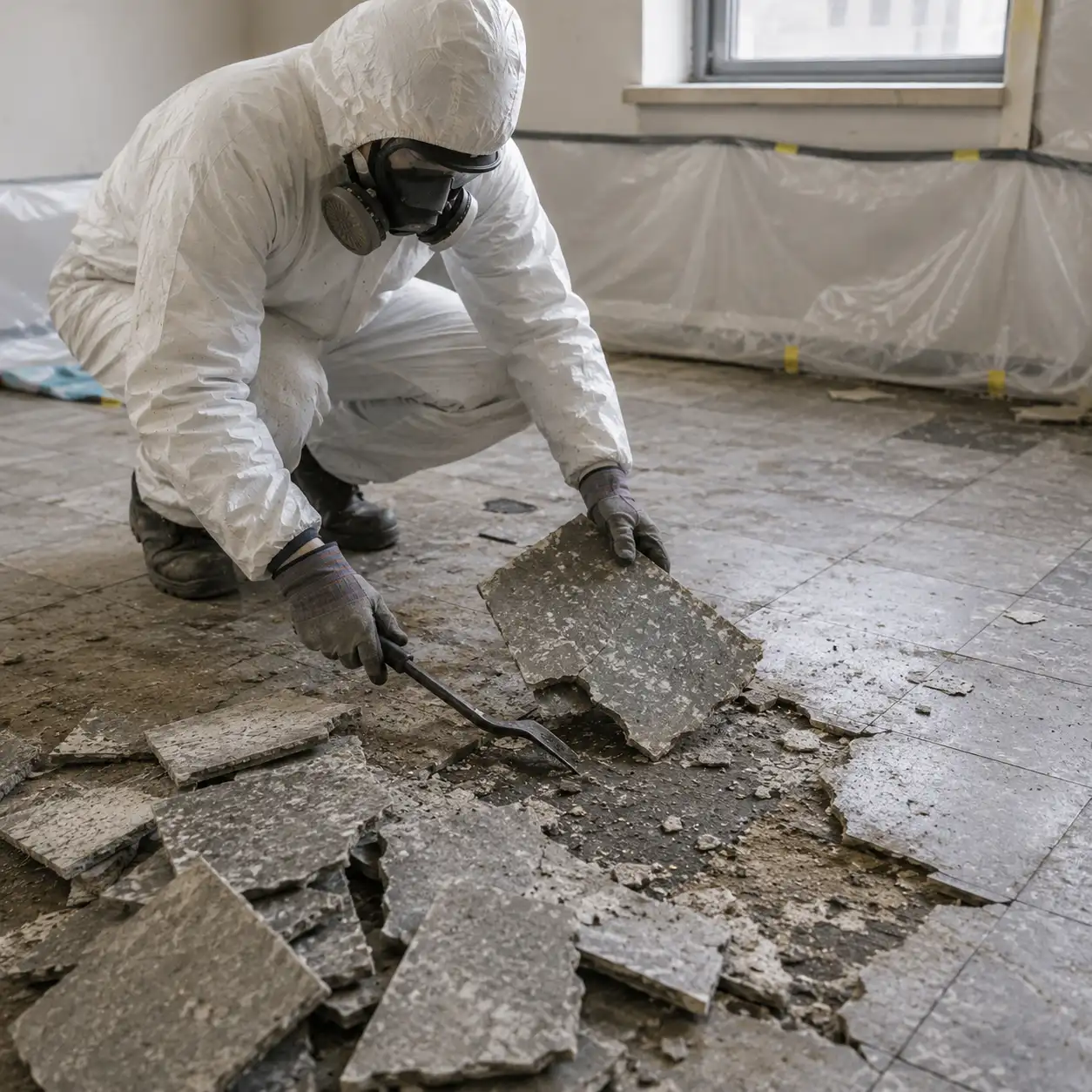 A UKATA-trained operative in full PPE carefully lifting asbestos vinyl floor tiles from the subfloor inside a sealed containment zone in Surrey.