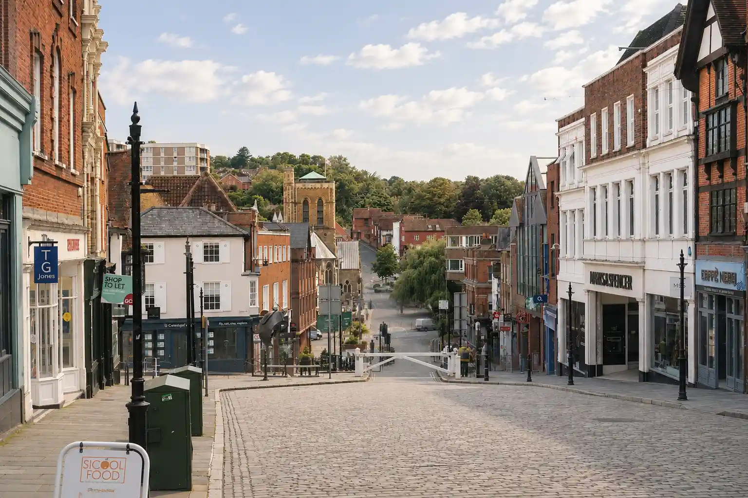 View looking down the cobbled historic High Street in central Guildford, a primary service territory covered by Surrey Environmental Services.