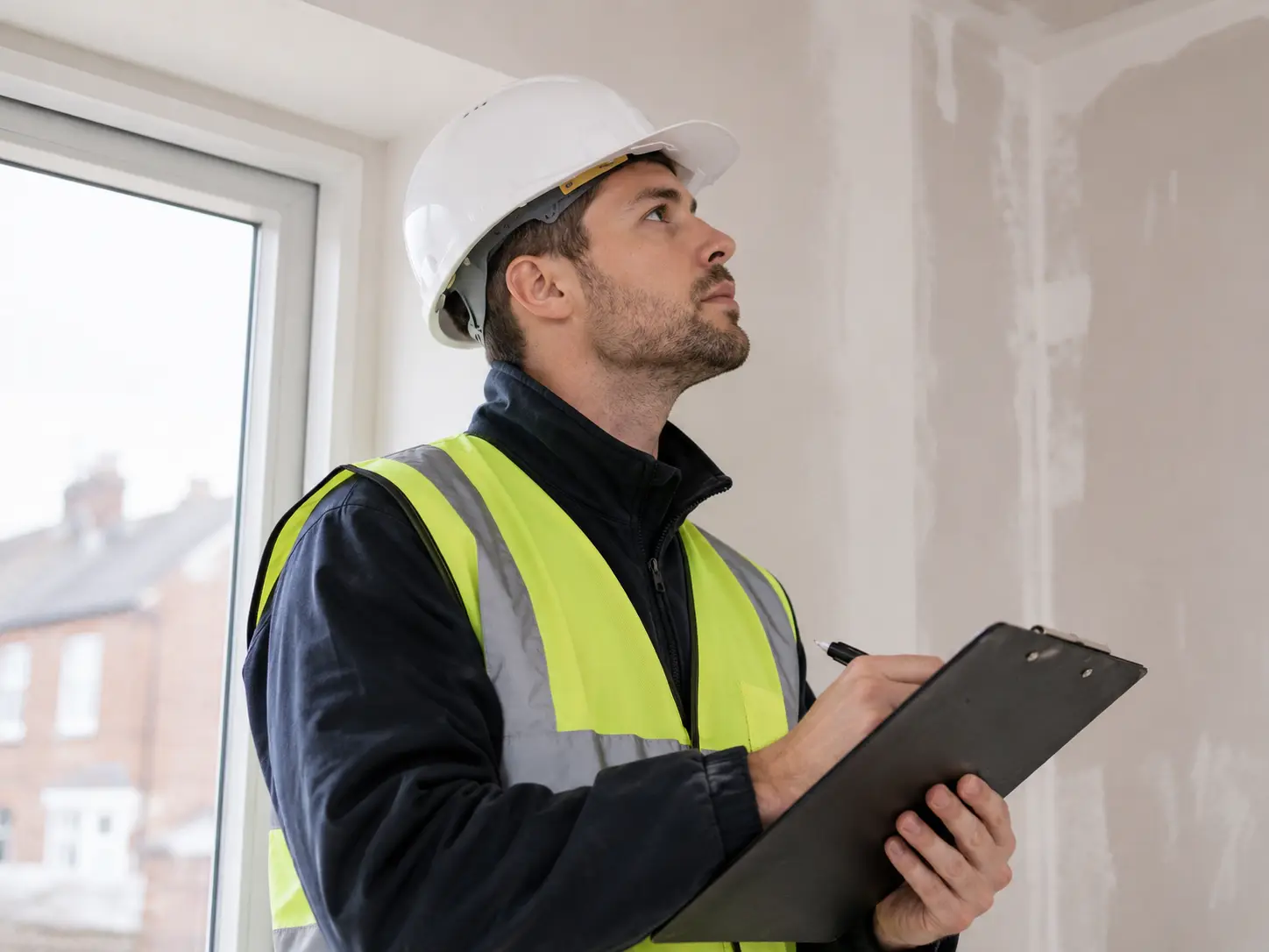 An expert surveyor in a hard hat and safety vest evaluating a residential property ceiling to prepare a fixed asbestos removal quote in Surrey.