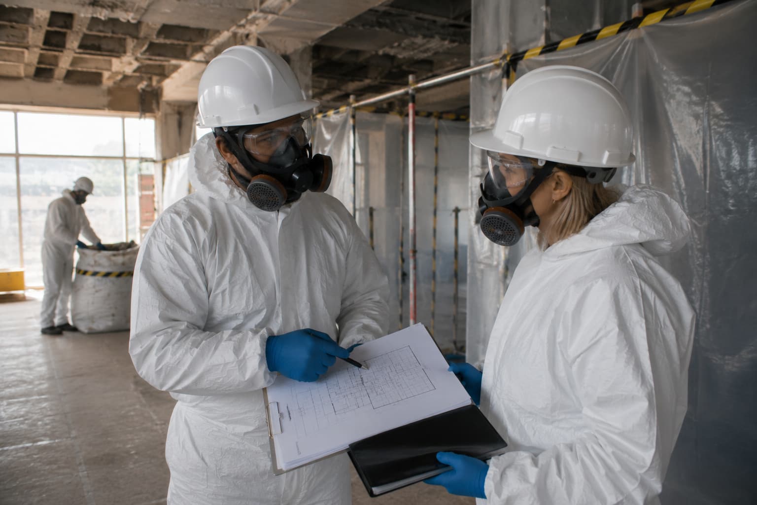 UKATA-trained asbestos removal operatives in full PPE reviewing documentation inside a sealed containment enclosure in Surrey