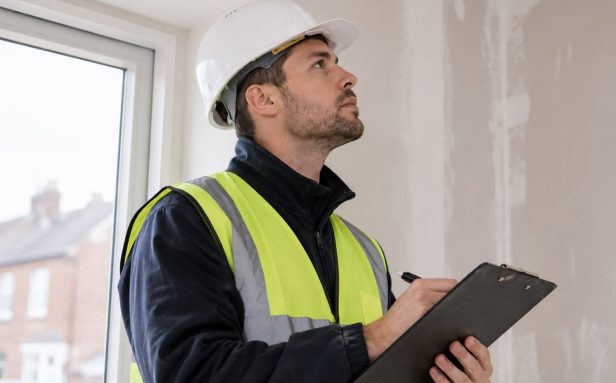 `BOHS-trained asbestos surveyor inspecting a residential property ceiling in Surrey`