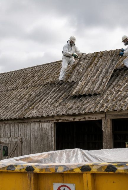 UKATA-trained operatives in full PPE removing corrugated asbestos cement sheets from an agricultural outbuilding roof in Surrey