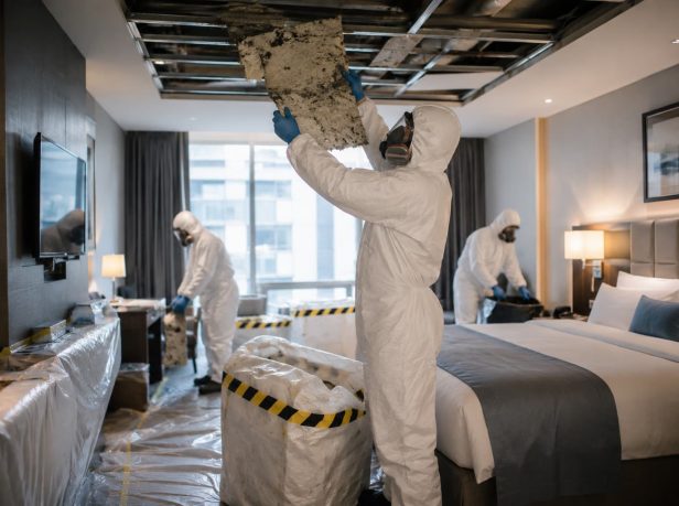 UKATA-trained operatives in full PPE removing asbestos ceiling tiles from a residential property in Surrey with containment sheeting in place