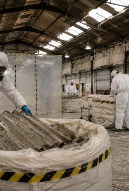 UKATA-trained operatives in full PPE bagging corrugated asbestos cement sheets for licensed disposal inside a controlled commercial site in Surrey