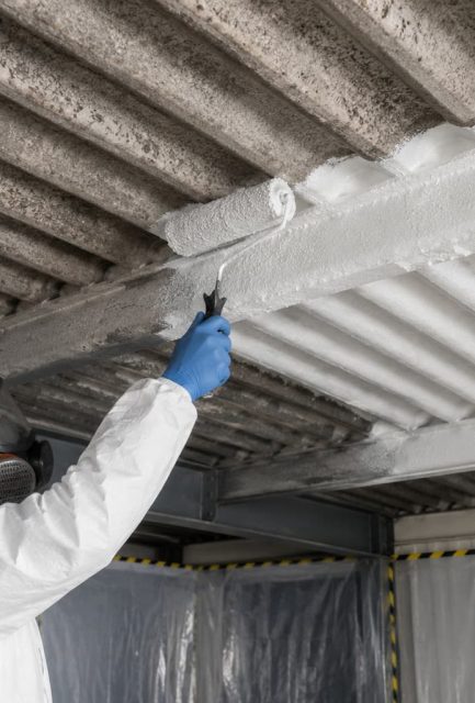 Licensed operative in full PPE applying polymeric sealant to asbestos cement roof sheets during encapsulation works in Surrey