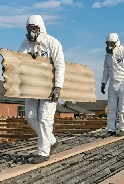 Surrey Asbestos operatives in full PPE carefully removing corrugated asbestos cement sheets whole from a residential roof in Surrey