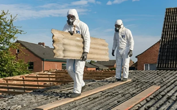Surrey Asbestos operatives in full PPE carefully removing corrugated asbestos cement sheets whole from a residential roof in Surrey
