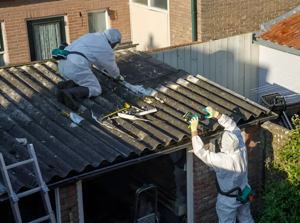 UKATA-trained operatives in full PPE carefully dismantling an asbestos cement shed roof in a Surrey residential property