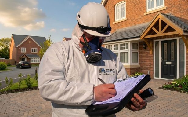 Surrey Asbestos operative in full PPE completing survey documentation outside a Surrey residential property
