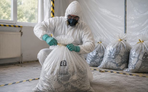UKATA-trained operative sealing compliant asbestos waste bags for licensed disposal in Surrey