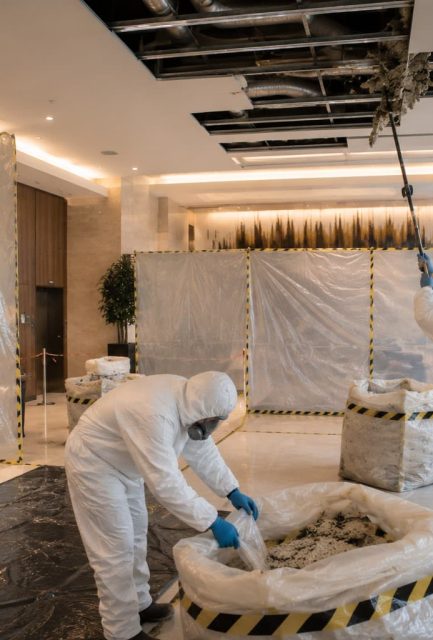 UKATA-trained operatives in full PPE carrying out asbestos removal from a suspended ceiling in a commercial property in Surrey with full containment controls in place