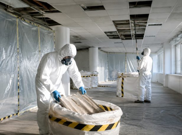 UKATA-trained operatives in full PPE removing asbestos ceiling tiles from a commercial property in Surrey with full containment controls in place