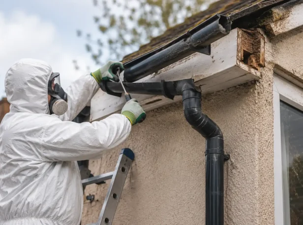 A UKATA-trained operative in full protective clothing and a respirator carefully dismantling old asbestos cement guttering and downpipe rainwater goods from a residential property roofline in Surrey.