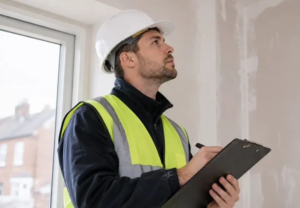 An expert surveyor in a hard hat and safety vest evaluating a residential property ceiling to prepare a fixed asbestos removal quote in Surrey.