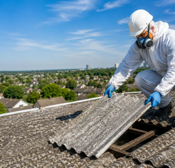 A trained operative in full protective equipment carefully lifting a corrugated asbestos cement roof sheet from a residential building frame in Surrey.