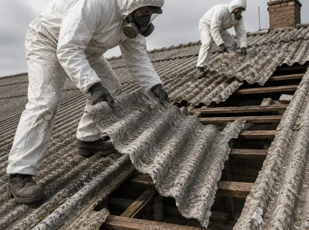 Two UKATA-trained operatives in full PPE carefully lifting corrugated asbestos cement sheets during a roof removal project in Surrey.
