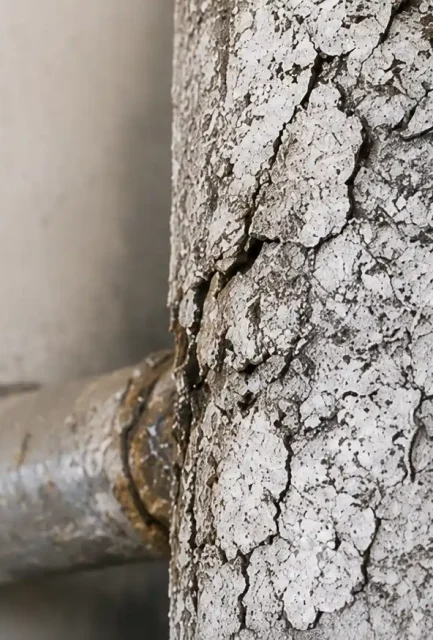 A close-up texture shot of cracked, degraded asbestos pipe lagging and thermal insulation applied directly around industrial plumbing lines.