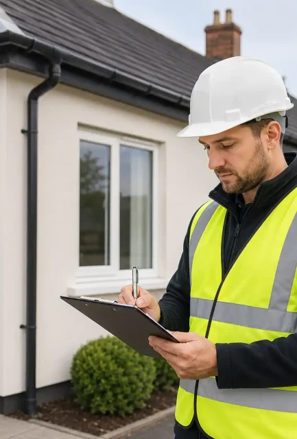 A professional asbestos surveyor in a hard hat and high-visibility vest completing a property assessment on a clipboard in Surrey.