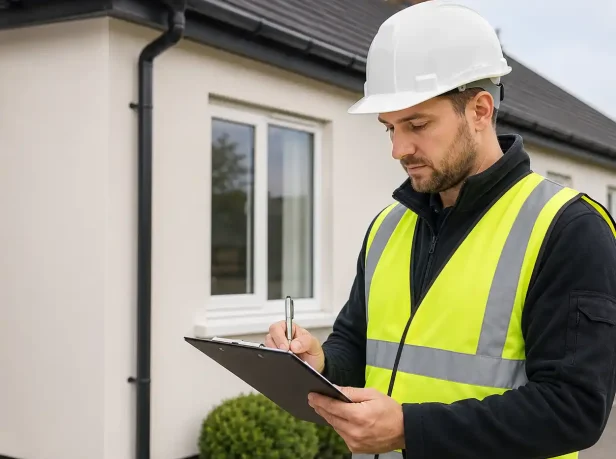 A professional asbestos surveyor in a hard hat and high-visibility vest completing a property assessment on a clipboard in Surrey.