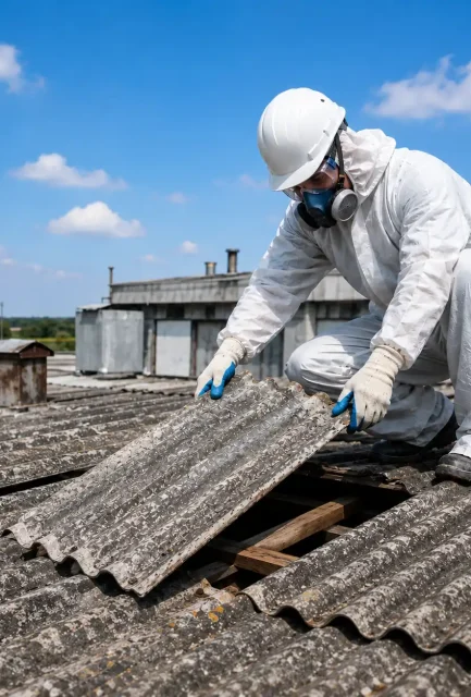 A UKATA-trained operative in full protective clothing carefully lifting corrugated asbestos cement sheets during a safe removal project in Surrey.