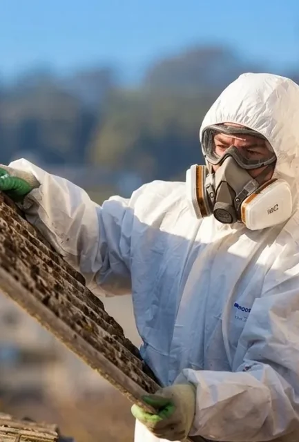 UKATA-trained asbestos removal operatives in full PPE reviewing documentation inside a sealed containment enclosure in Surrey