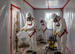 A team of three accredited asbestos operatives wearing full protective suits, respirators, and safety harnesses working inside a sealed polythene enclosure to safely bag hazardous waste and vacuum an indoor job site.