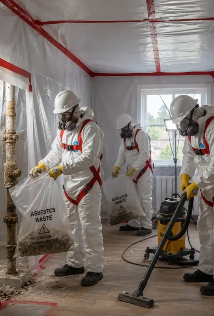 A team of three accredited asbestos operatives wearing full protective suits, respirators, and safety harnesses working inside a sealed polythene enclosure to safely bag hazardous waste and vacuum an indoor job site.